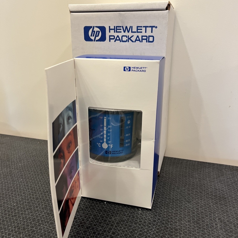 Hewlett Packard Very Rare Coffee Mug Cup Logo Ceramic Blue White Clear Glass